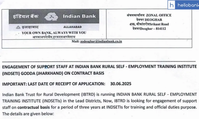 Indian Bank Vacancy Released for Support Staff at INDSETI Jharkhand, Download Application Form