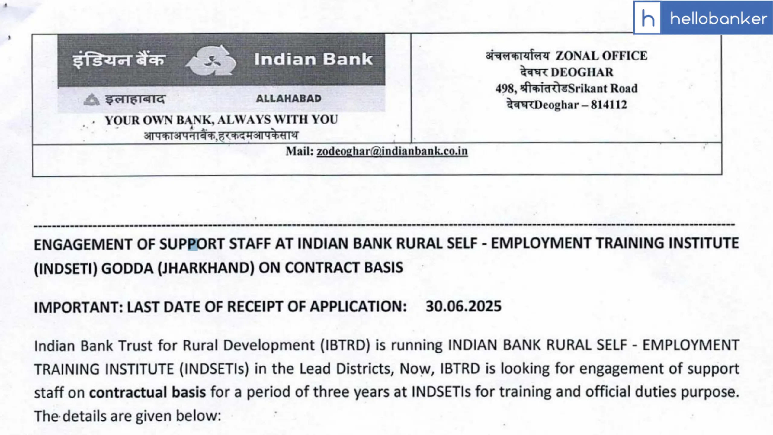 Indian Bank Vacancy Released for Support Staff at INDSETI Jharkhand, Download Application Form