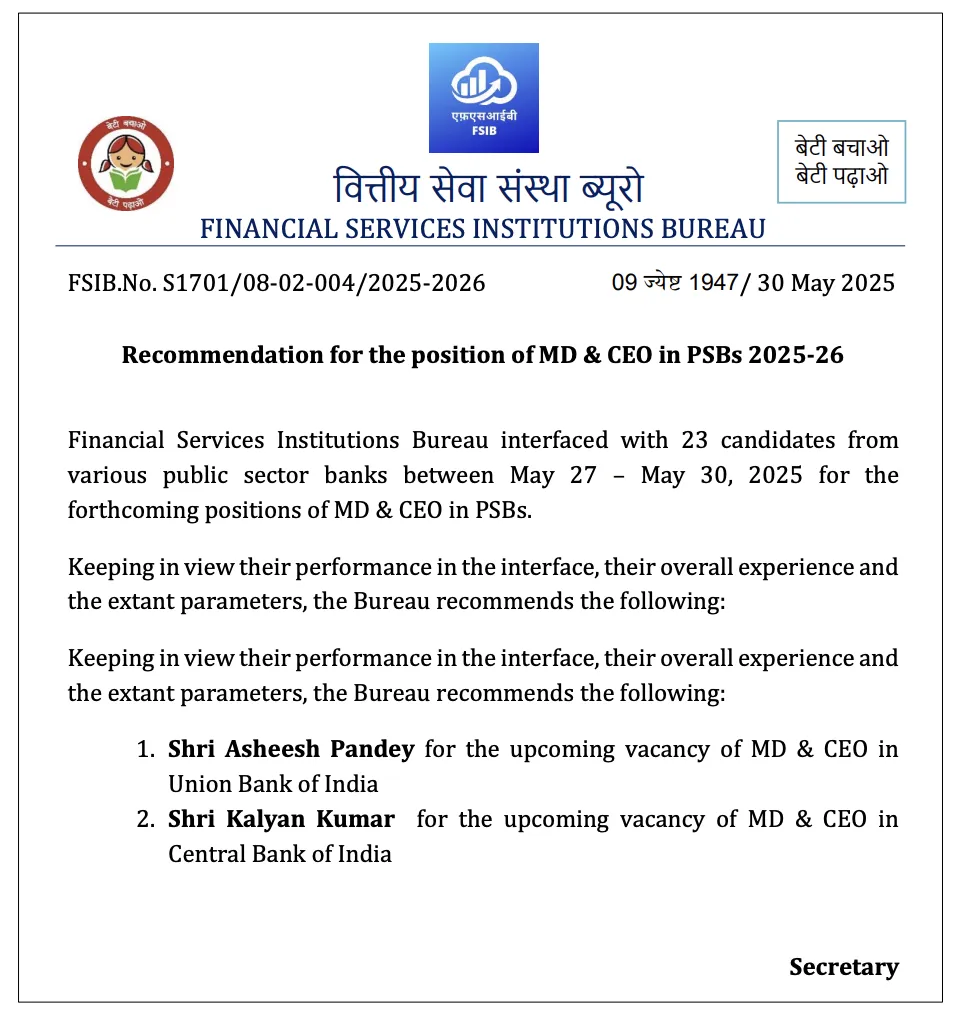 FSIB Recommendation Letter: Shri Asheesh Pandey and Shri Kalyan Kumar