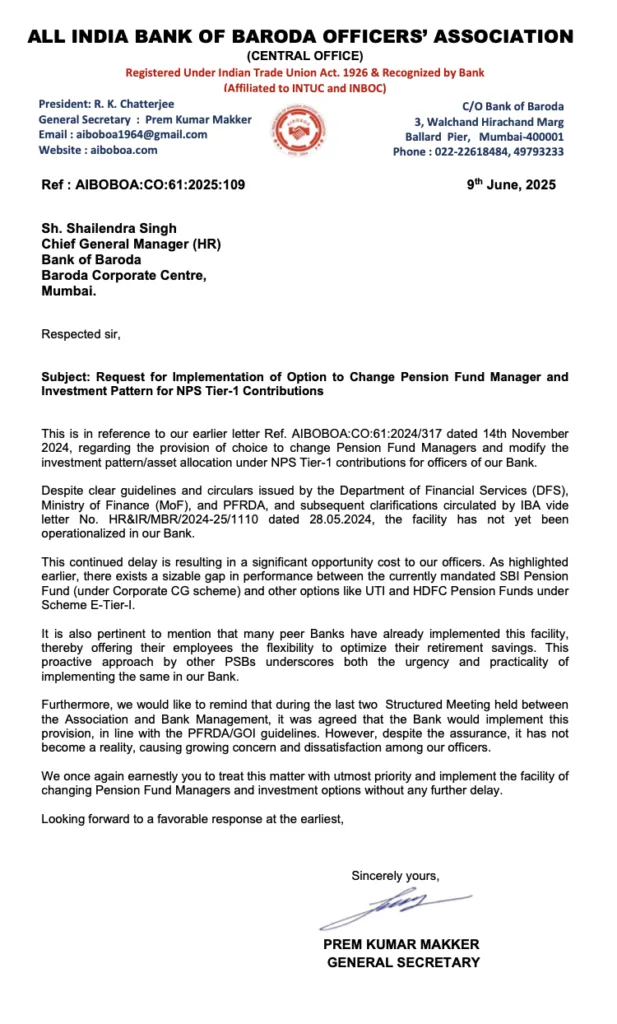 Bank of Baroda Employees Request Management to Implement Option to Change Pension Fund Manager and Investment Pattern for NPS
