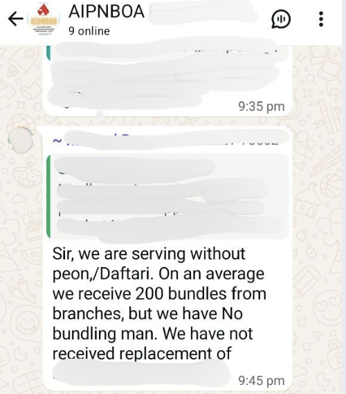 PNB Employees raising issue of Peons in Official Whatsapp Group