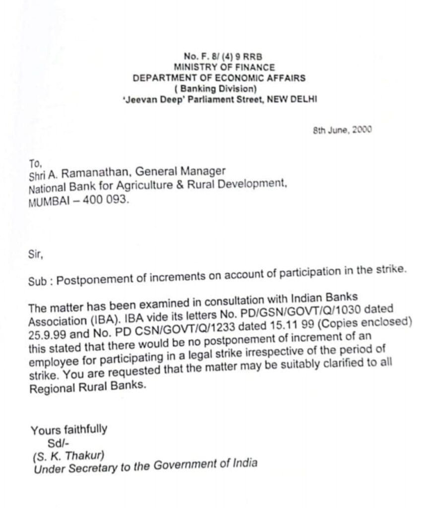 Ministry of Finance letter regarding increment if bank employees participate in strik