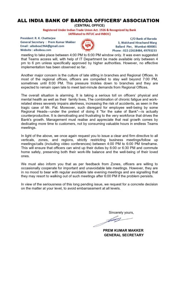AIBOBOA Letter to MD&CEO of Bank of Baroda to End Late Sitting Culture: Page 2