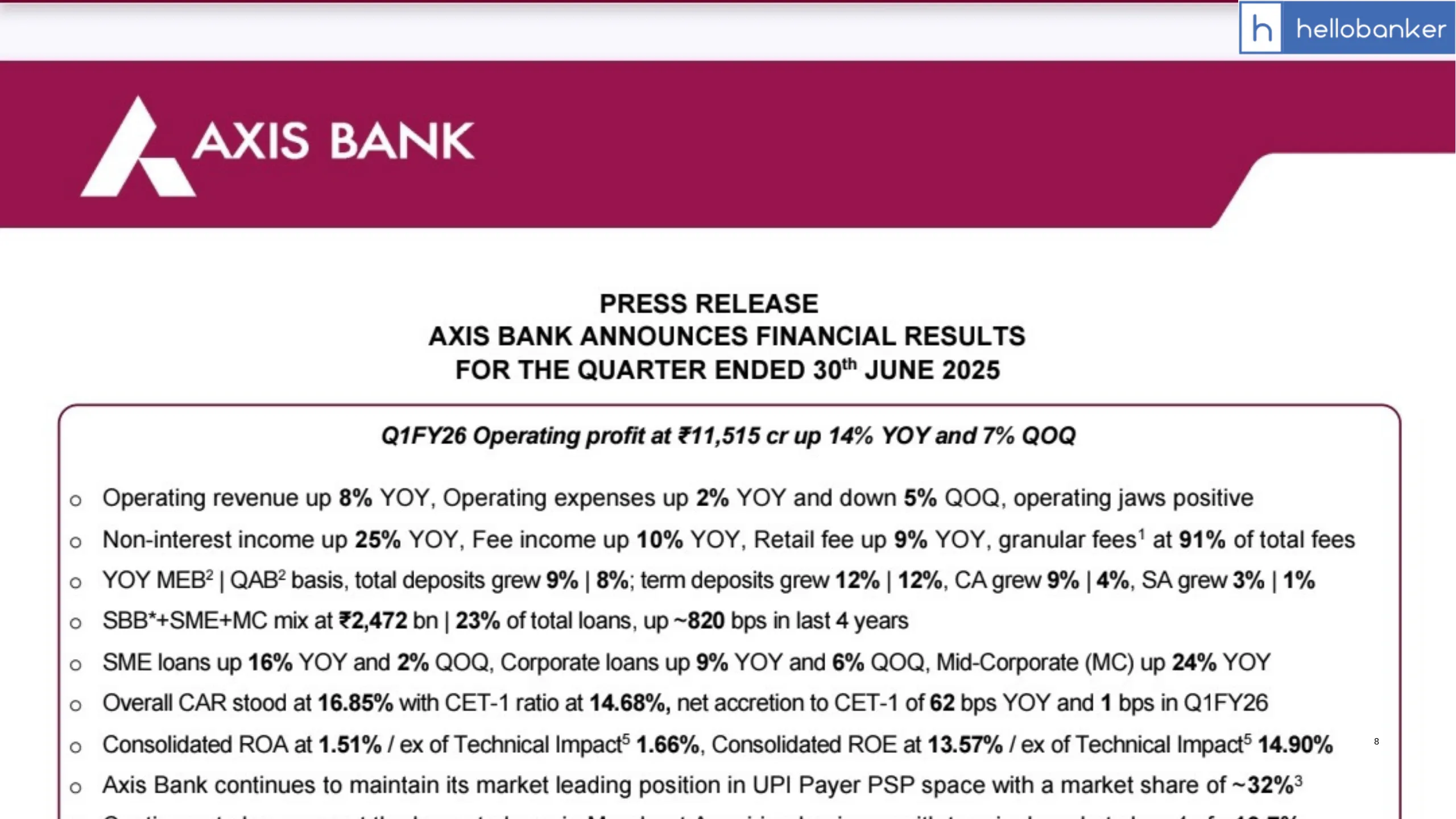 AXIS Bank has released Financial Results for June 2025 Quarter [PDF]