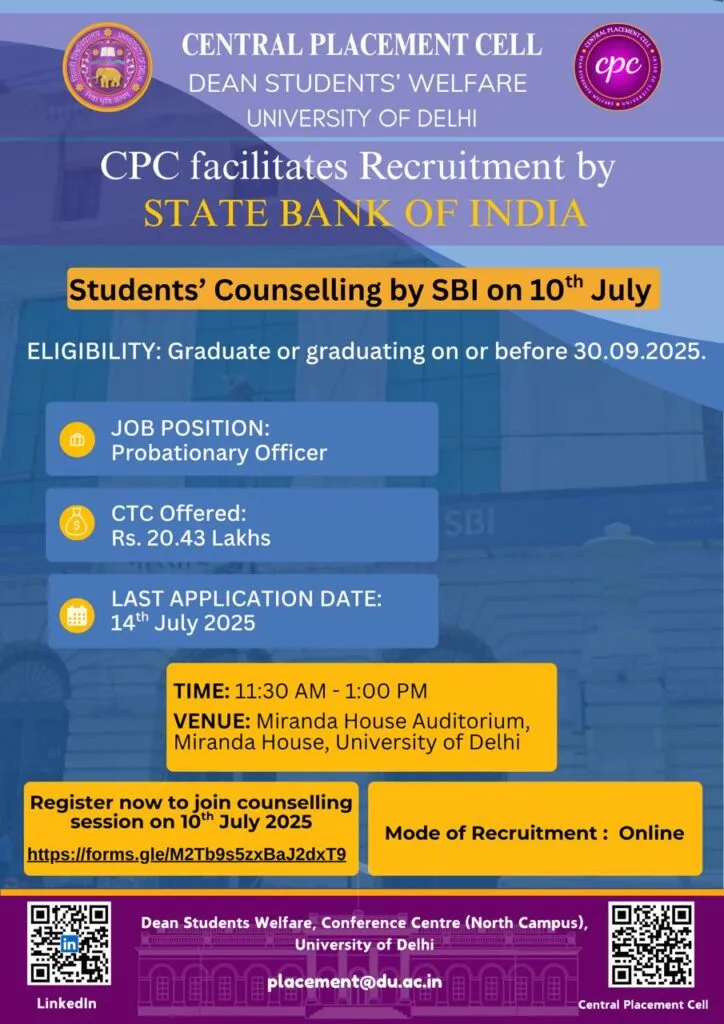 SBI PO Recruitment 2025 Counselling Session at Delhi University