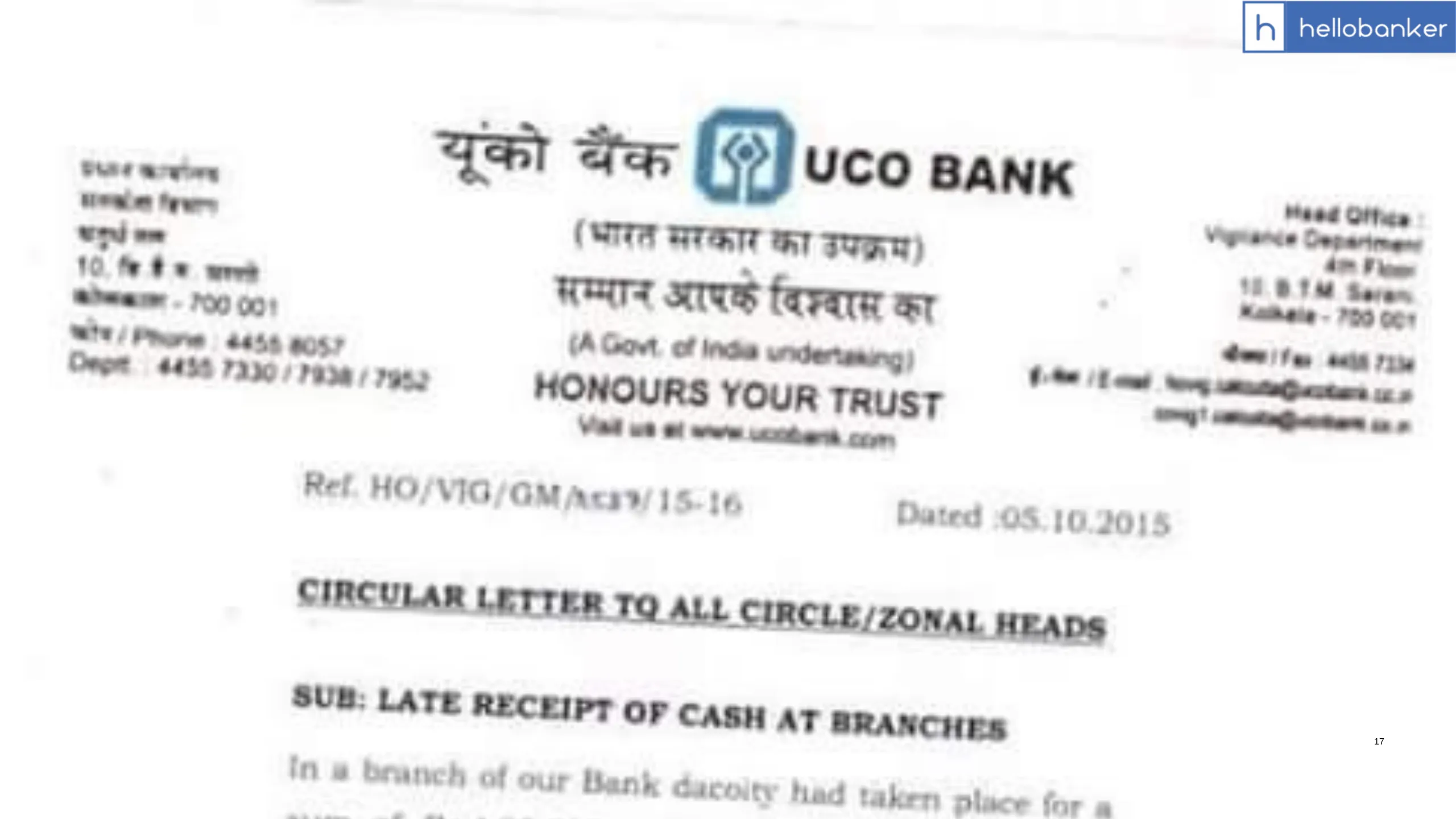 UCO Bank advises Branches not to accept Cash beyond Working Hours