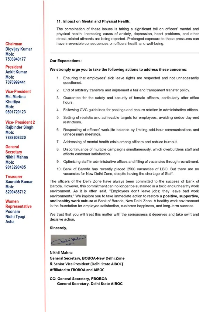 Letter by Shri Nikhil Mahna, General Secretary, BOBOA-New Delhi Zone & Senior Vice President (Delhi State AIBOC) to Chief General Manager (CGM) of Bank of Baroda - Page 3
