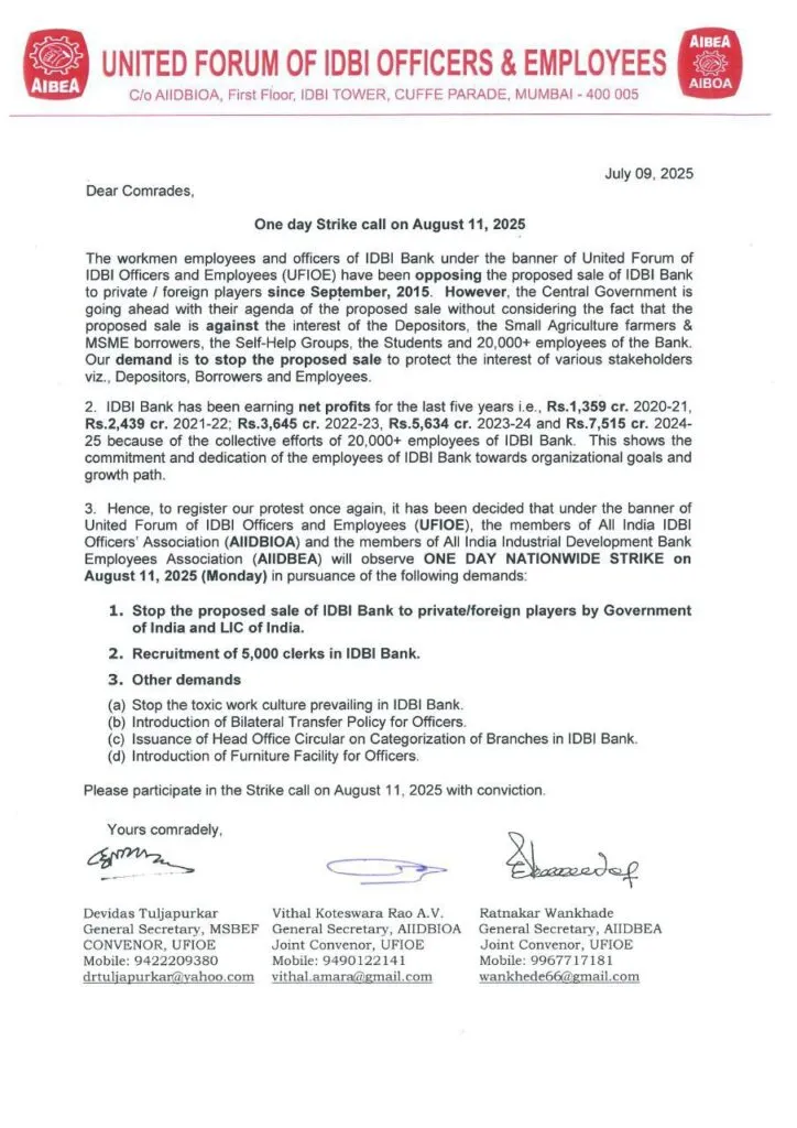 IDBI Bank Strike Letter on 11 August 2025