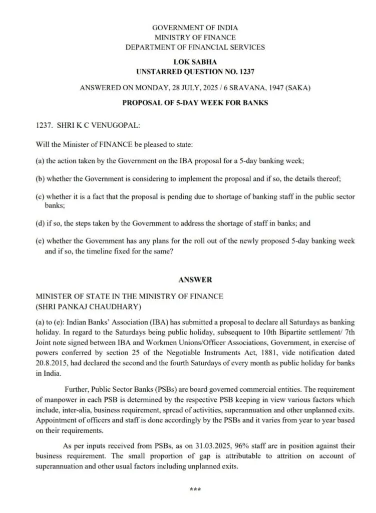 Question Raised in Lok Sabha regarding 5 Day Banking