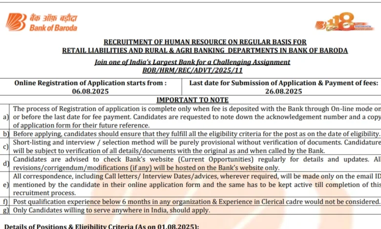 Bank of Baroda Sales Manager & Officer Recruitment 2025 Notification Released and Apply Online for 417 Posts