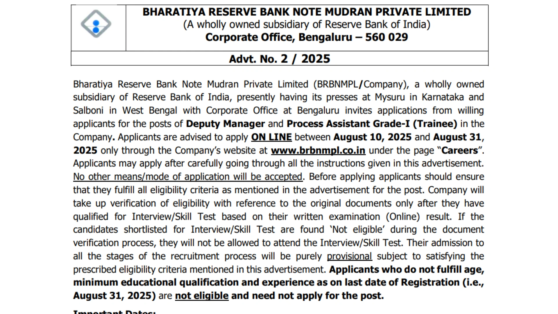 BRBNMPL Deputy Manager and Process Assistant Grade-I Recruitment 2025 Notification Released and Apply Online