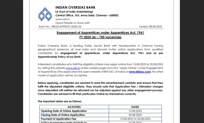 Indian Overseas Bank (IOB) Apprentice Recruitment 2025 Notification Released and Apply Online for 750 Posts