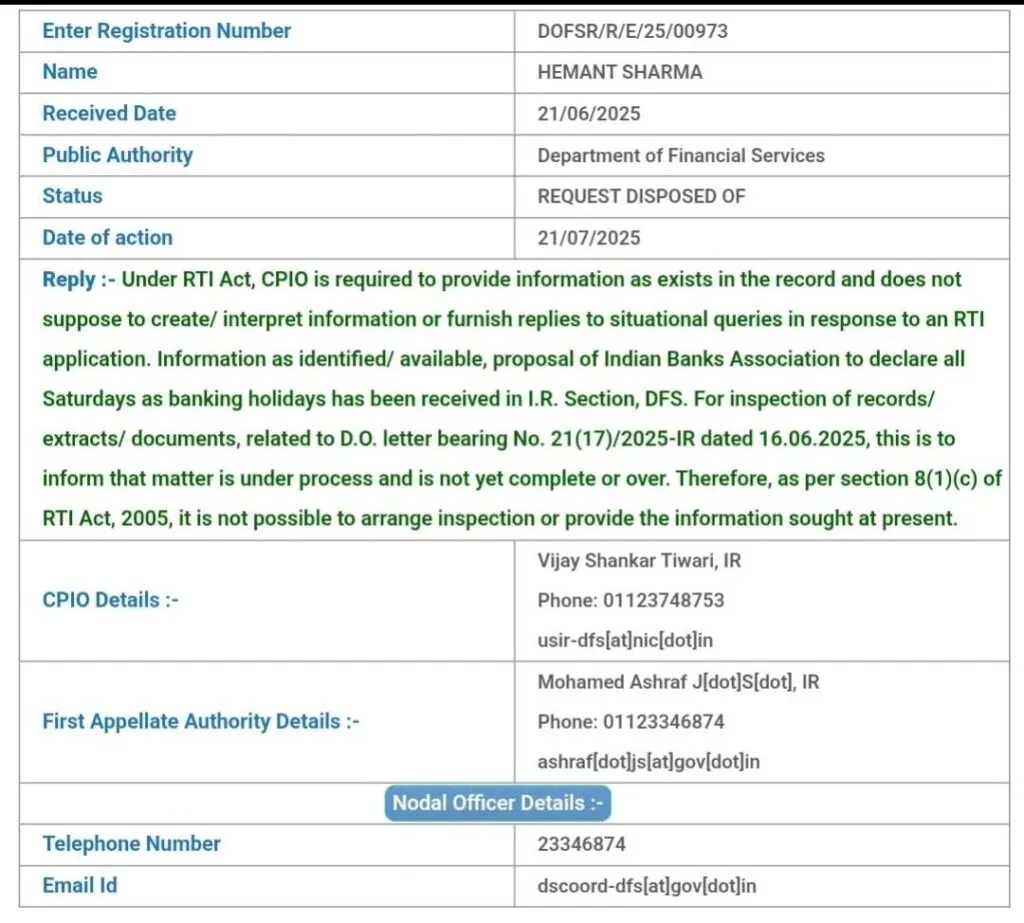 5 Day Banking Update: RTI Reply