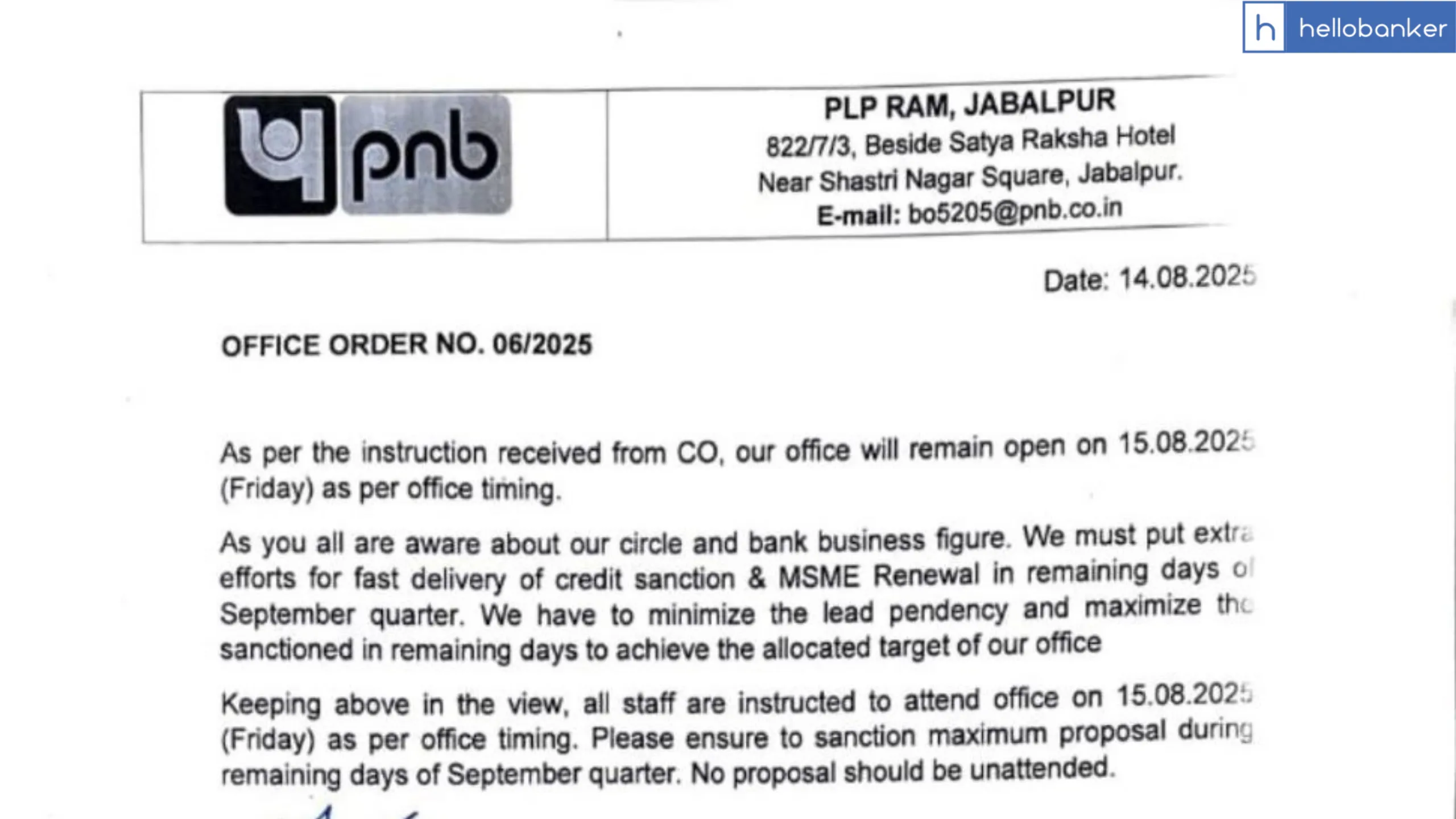 Punjab National Bank Jabalpur orders Staff to work on Independence Day