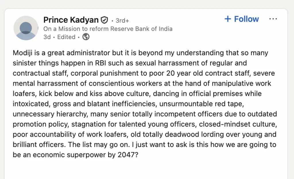Allegations of Toxic Work Culture Raised Against RBI