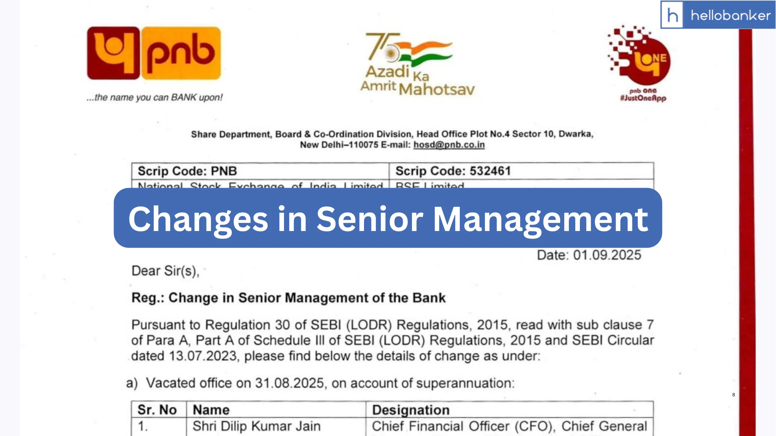 PNB announces changes in Senior Management