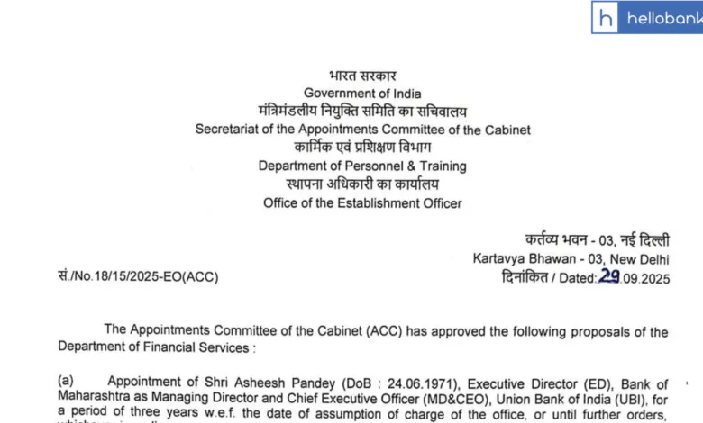 Govt appoints Asheesh Pandey as MD of Union Bank, Kalyan Kumar as MD of Central Bank of India