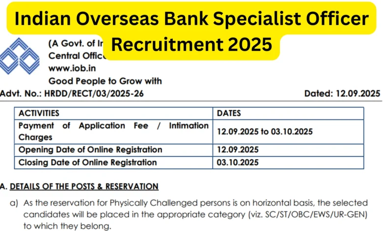Indian Overseas Bank Specialist Officer (SO) Recruitment 2025 Notification Released for 127 Posts, Check Details