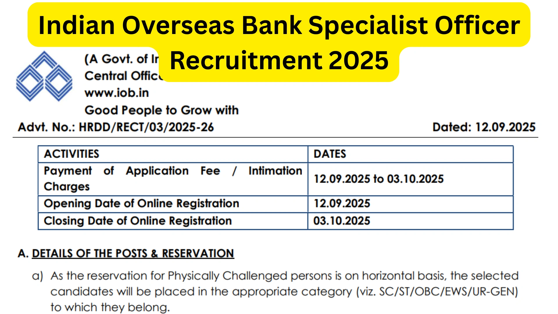 Indian Overseas Bank Specialist Officer (SO) Recruitment 2025 Notification Released for 127 Posts, Check Details