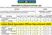 Indian Bank Specialist Officer (SO) Recruitment 2025 Notification Released for 171 Posts, Check Details