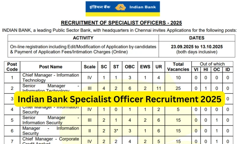 Indian Bank Specialist Officer (SO) Recruitment 2025 Notification Released for 171 Posts, Check Details
