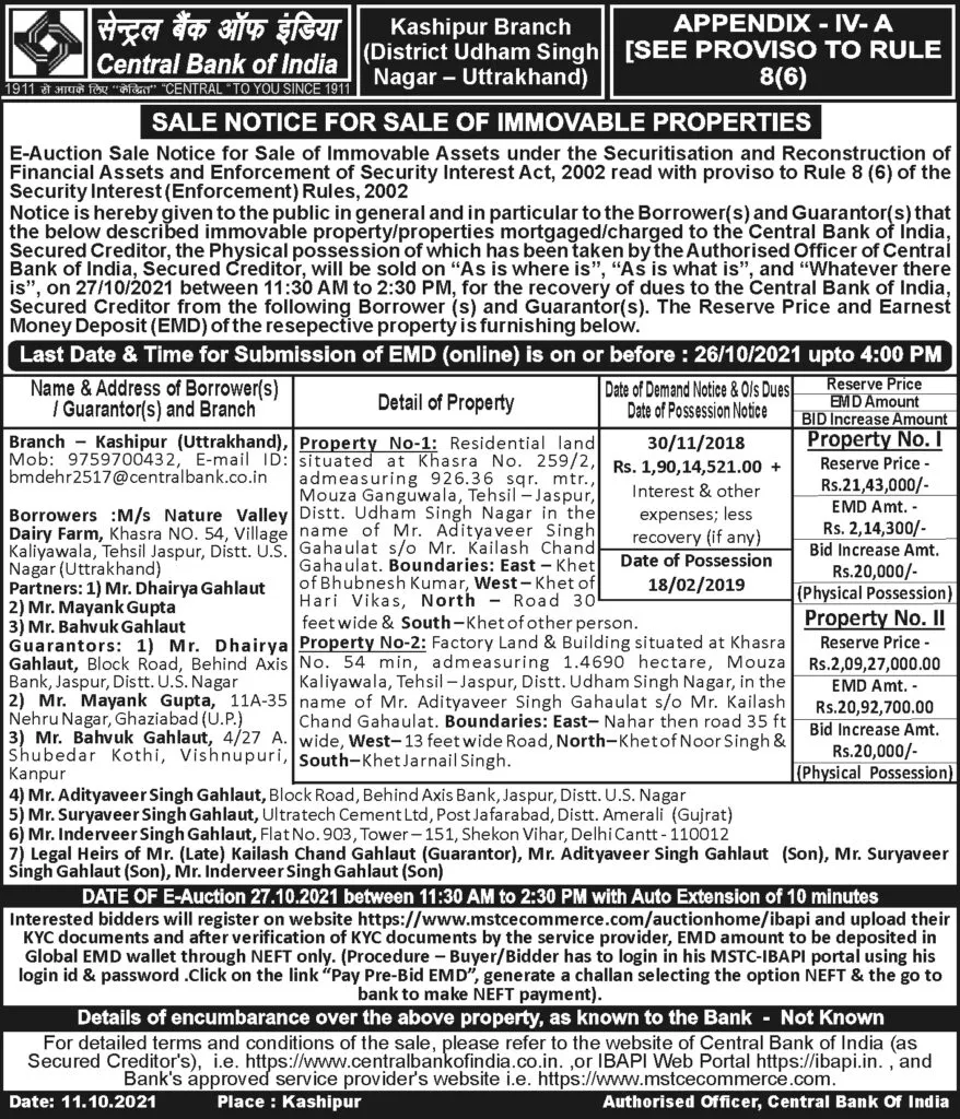 Auction notice by Central Bank of India