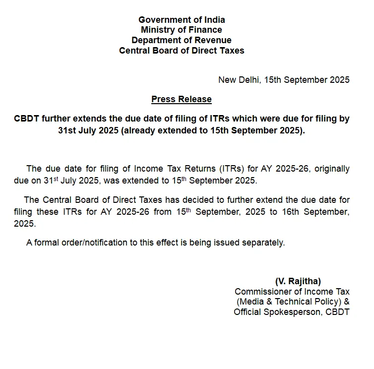 Government notice for extension of ITR Filing date