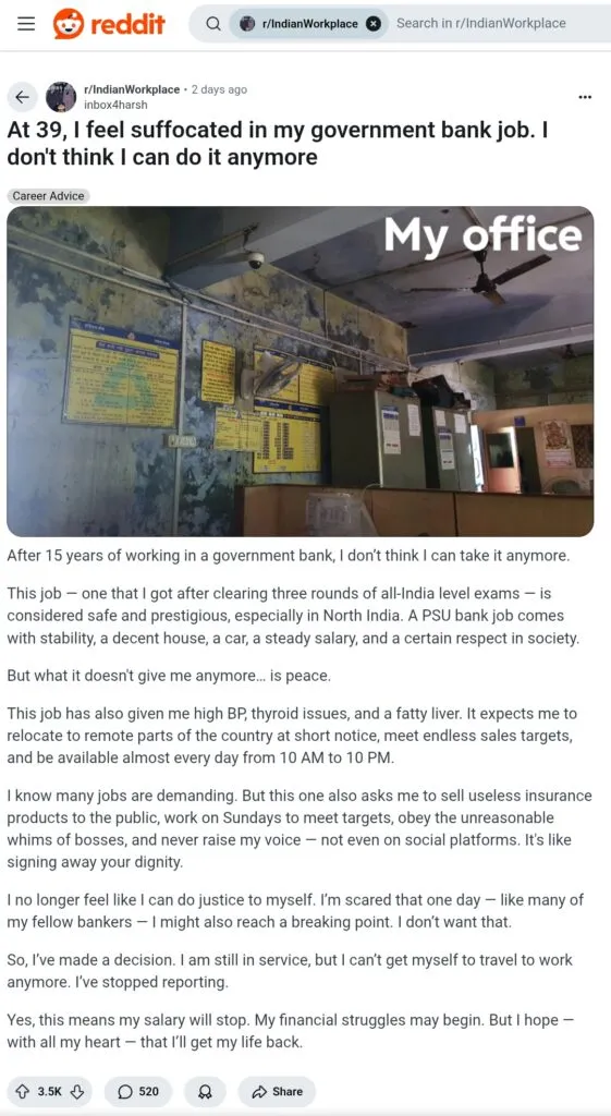 Government Bank Employee Resigns After 15 Years: Reddit Post
