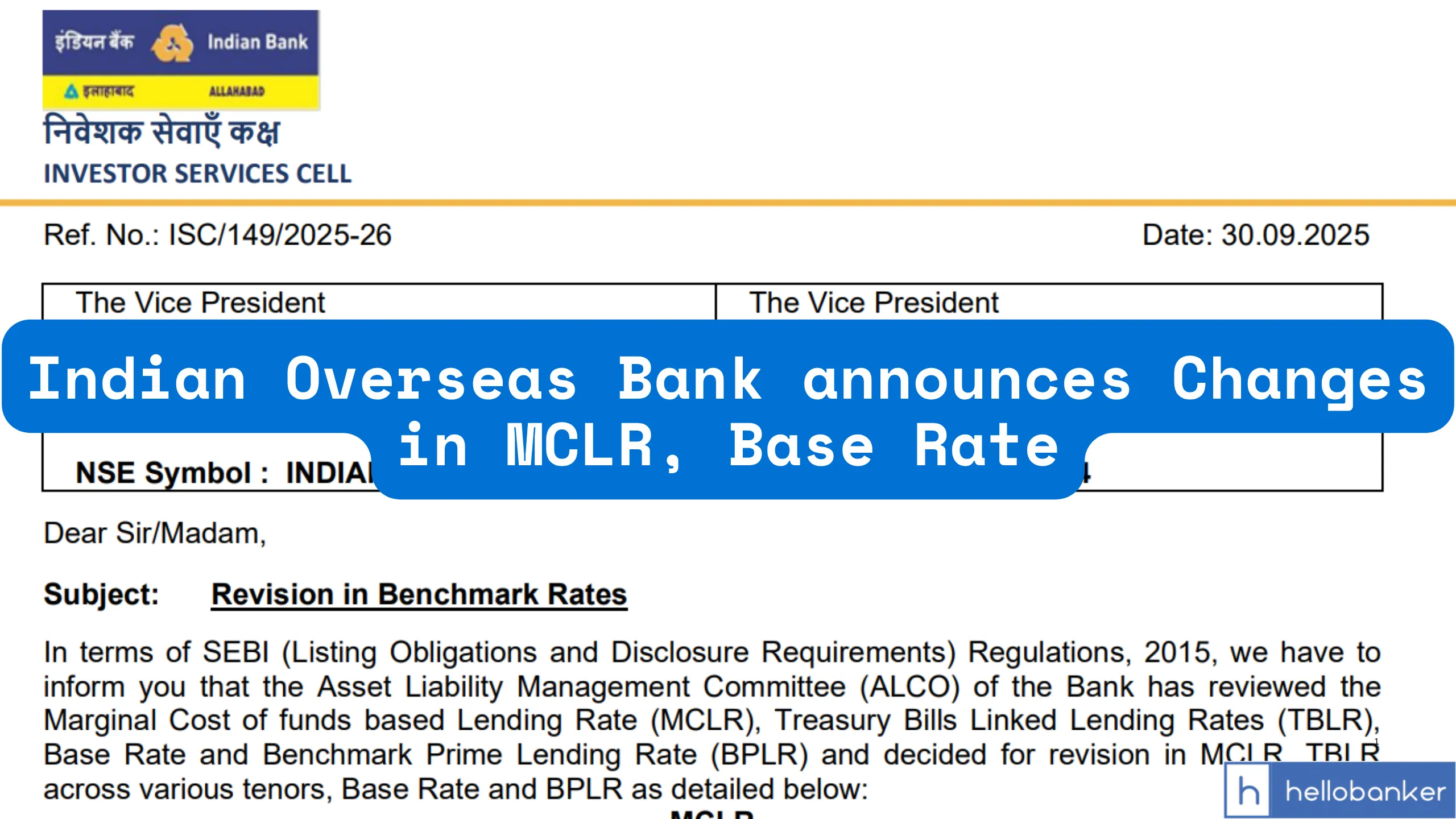 Indian Overseas Bank announces Changes in MCLR, Base Rate; Check New Rates