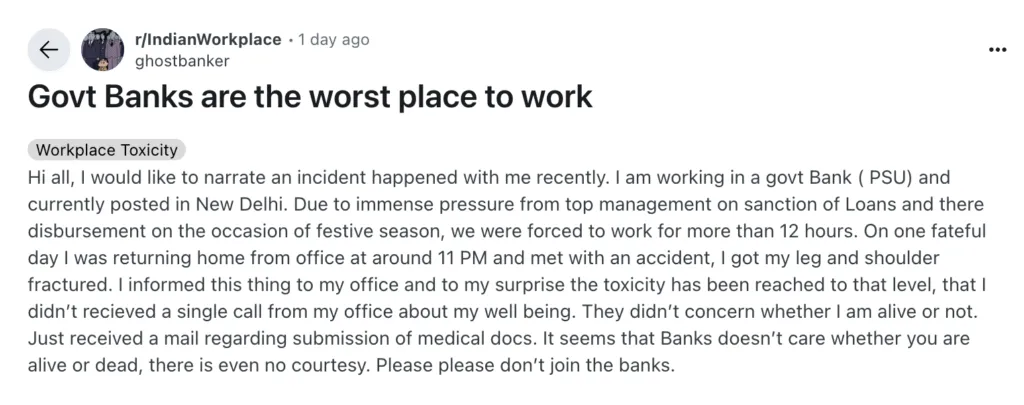 Government Banks are the worst place to work, PSU Bank Employee shares his story on Reddit