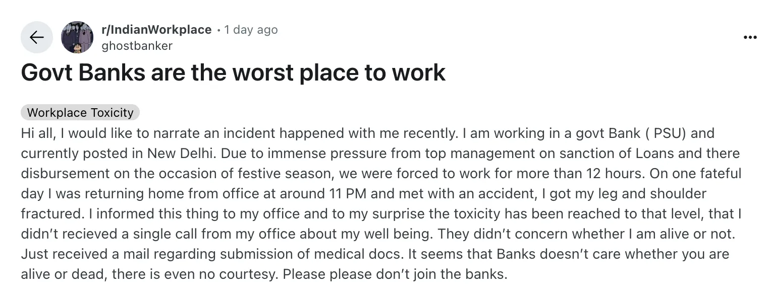 Government Banks are the worst place to work, PSU Bank Employee shares his story on Reddit