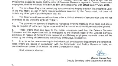 DA for Central Government Employees increased to 58%