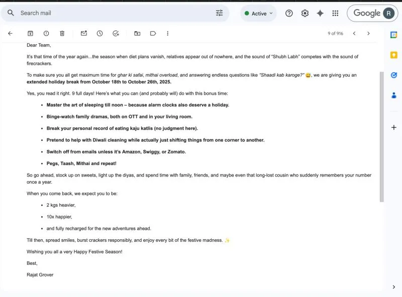 Email Screenshot: Delhi Company Gives Long Holidays to Employees