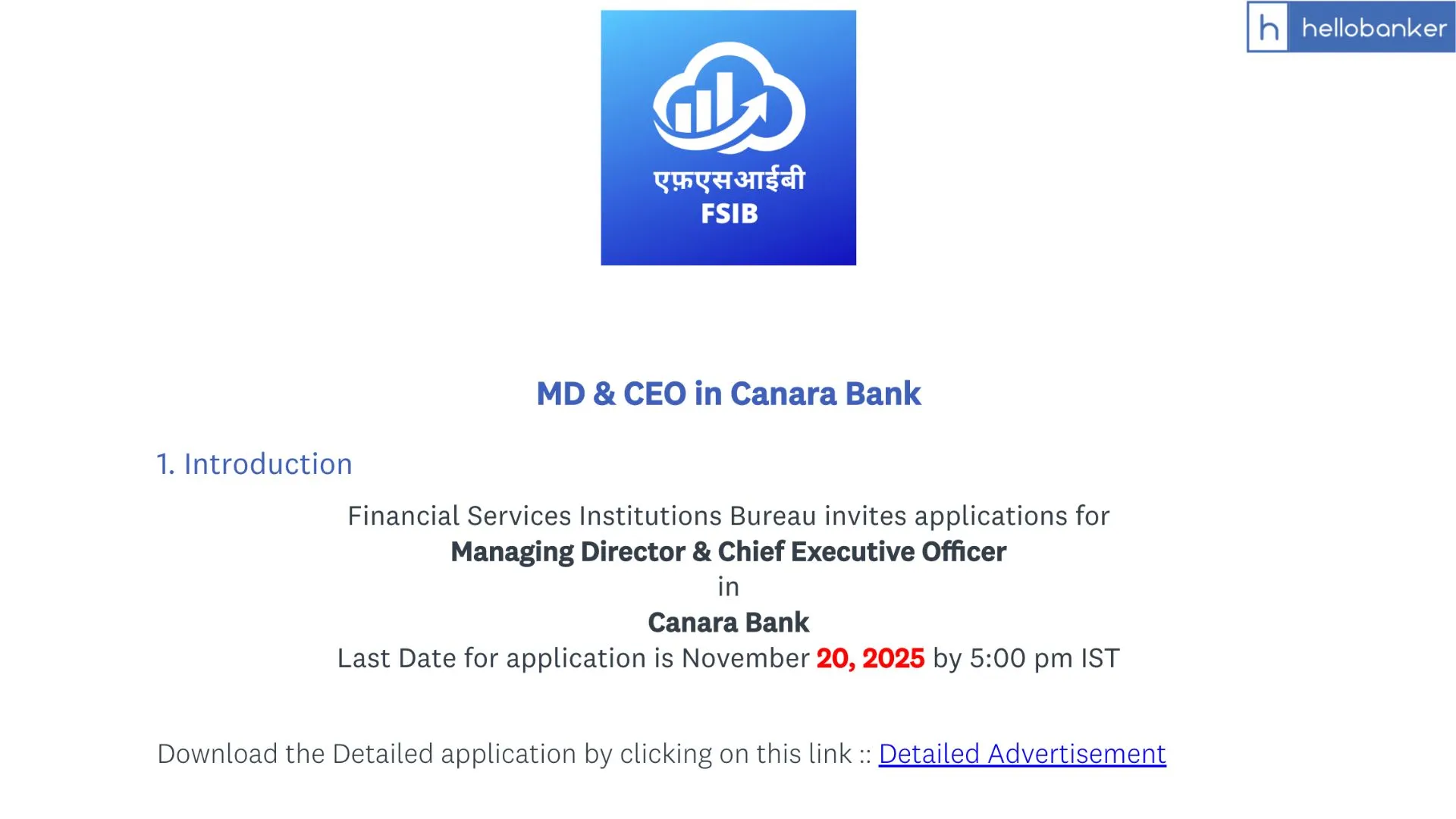 Canara Bank Vacancy Released for MD&CEO Post Canara Bank Vacancy Released for MD&CEO Post