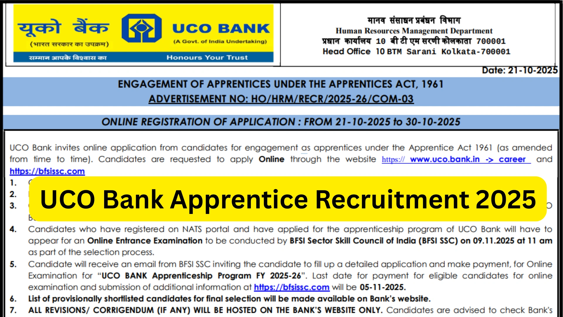 UCO Bank Apprentice Recruitment 2025 Notification Released, Apply Online for 532 Posts