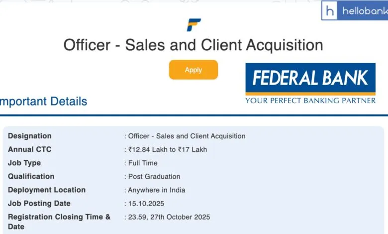 Federal Bank New Job Recruitment: Apply For Officer - Sales and Client Acquisition