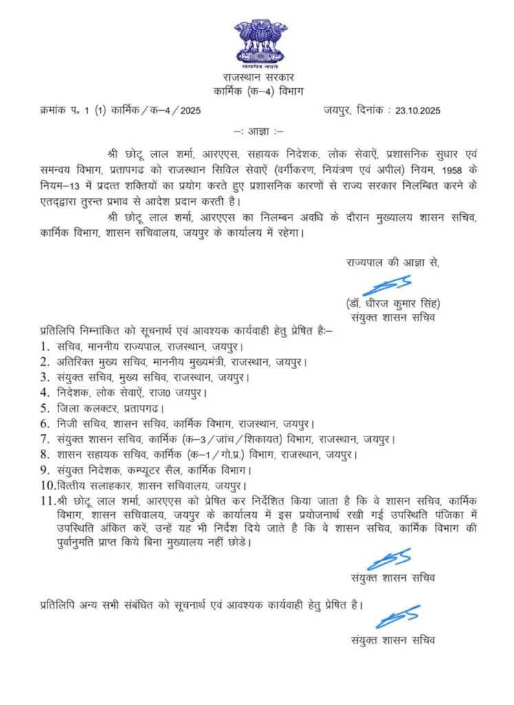 Rajasthan SDM Chhotu Lal Sharma Suspension Order