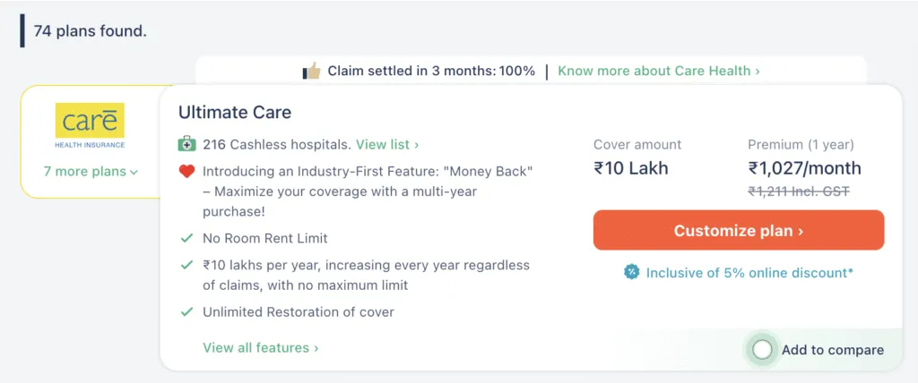 Care health insurance premium amount