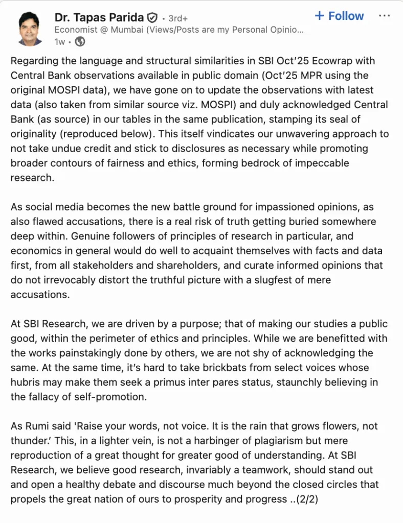 Tapas Parida's reply to Sarthak Gulati - RBI, on allegations of copying content from RBI Report