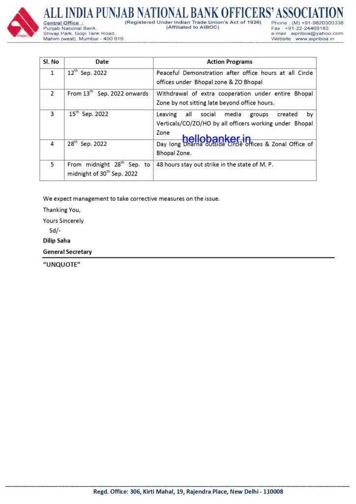 AIPNBOA Declares Strike in PNB Gwalior Protest 2022 - Letter Page 2