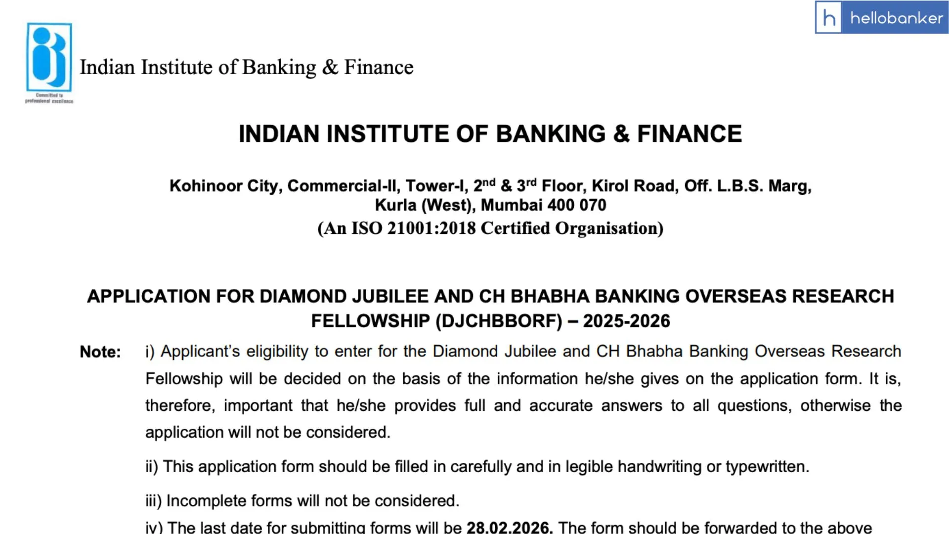 IIBF invites Application for Diamond Jubilee and CH Bhabha Banking Overseas Research Fellowship (DJCHBBORF) 2025-2026