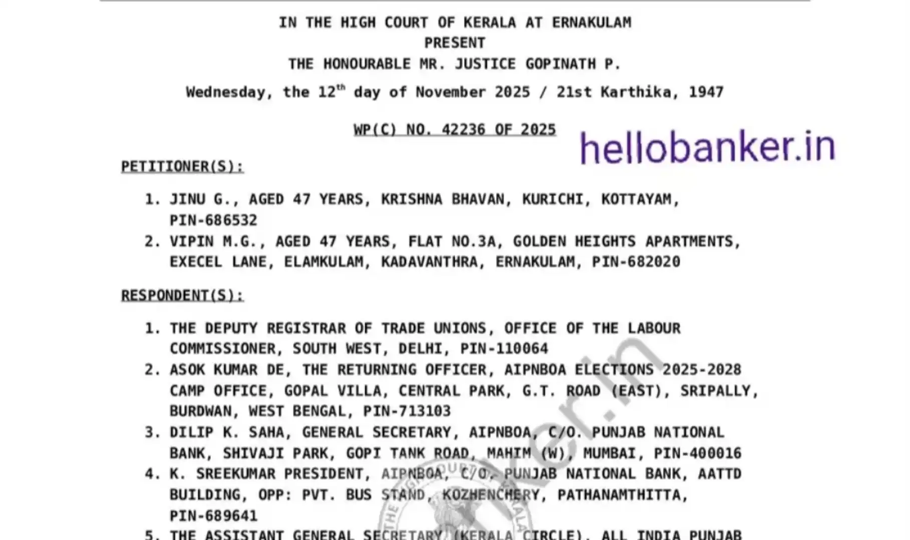 Kerala High Court Orders AIPNBOA to conduct Fair and Transparent Elections