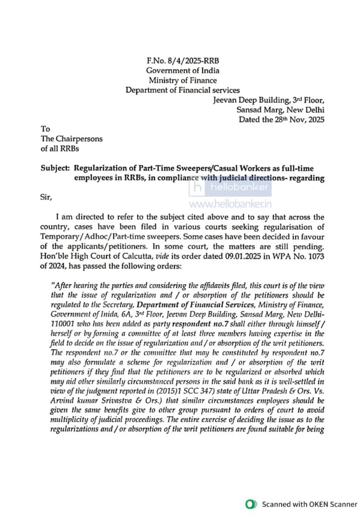 DFS letter related to regularisation of sweepers in RRB Banks