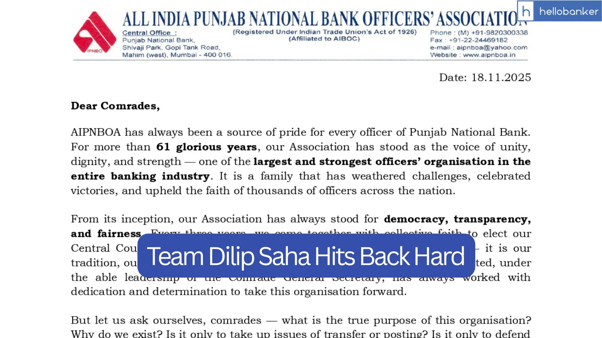 Sreekumar is not originally from PNB: Team Dilip Saha Hits Back Hard with a Strong Letter from 100 Circle Leaders