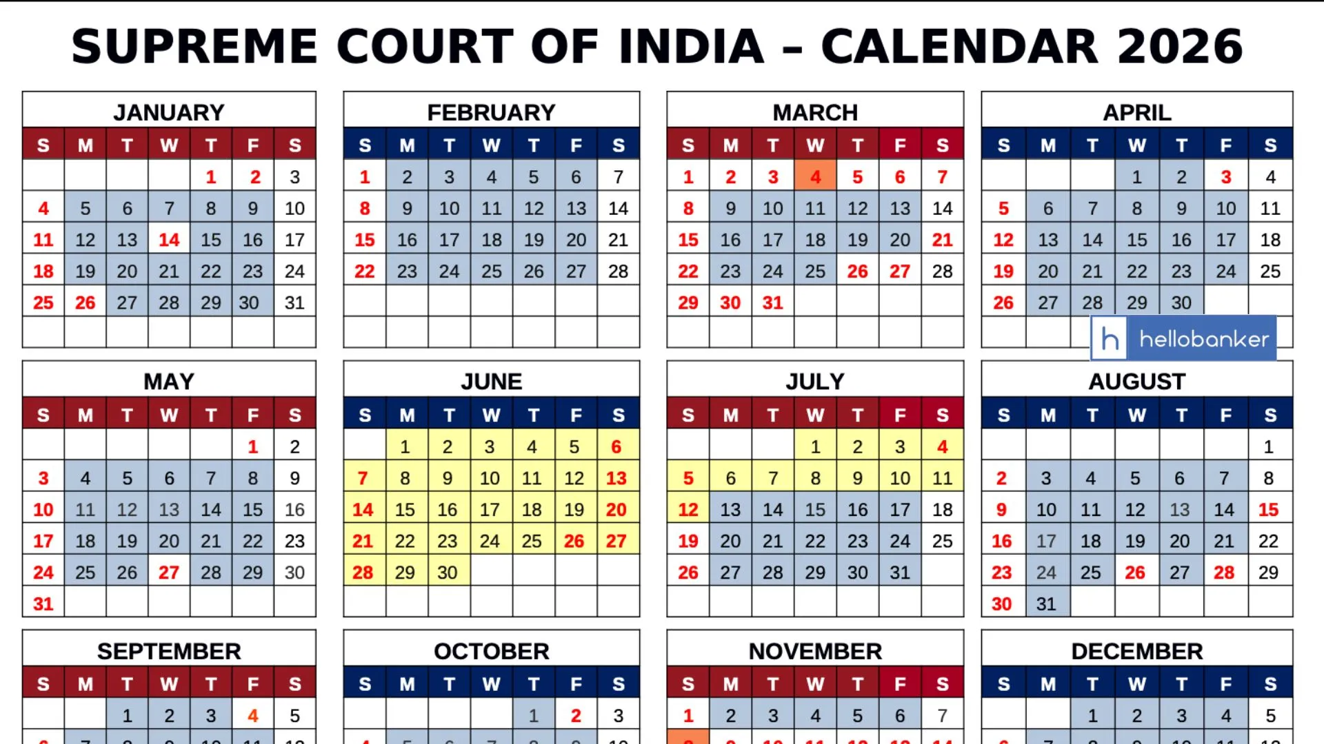 Supreme Court of India Holidays Calendar 2026 PDF Released [Download]