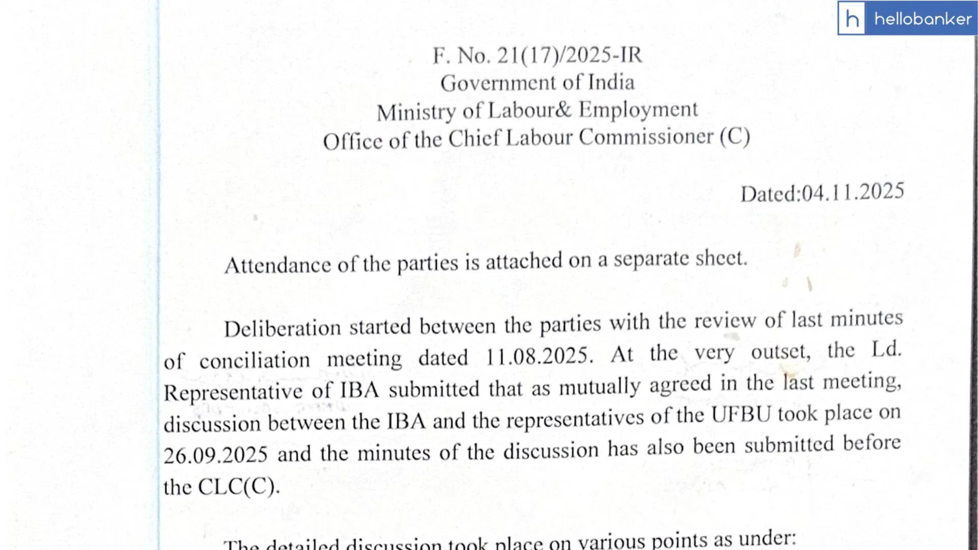 Meeting held between Bank Unions, IBA, Govt at CLC Office; Read Minutes of Meetings