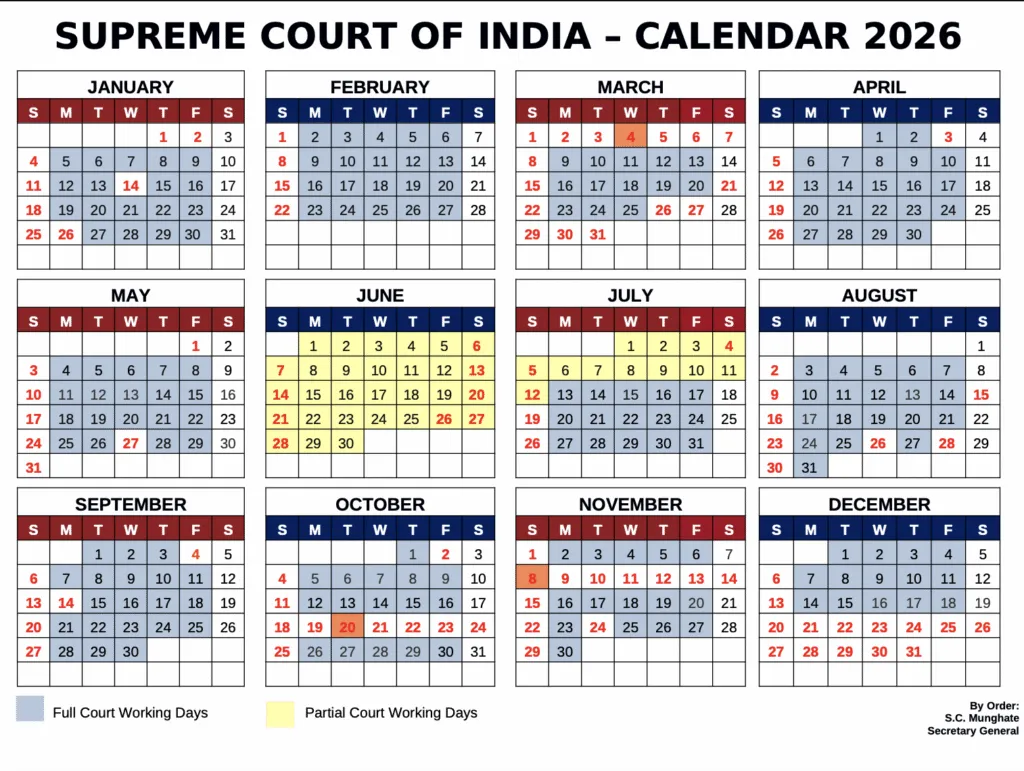 Supreme Court of India Holiday Calendar 2026