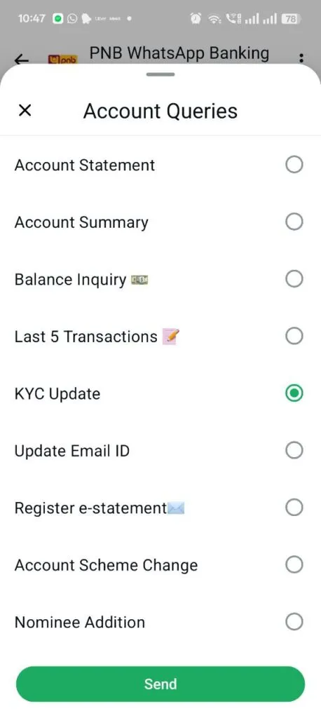 PNB Bank KYC Update on Whatsapp Step 3: Click on Update KYC