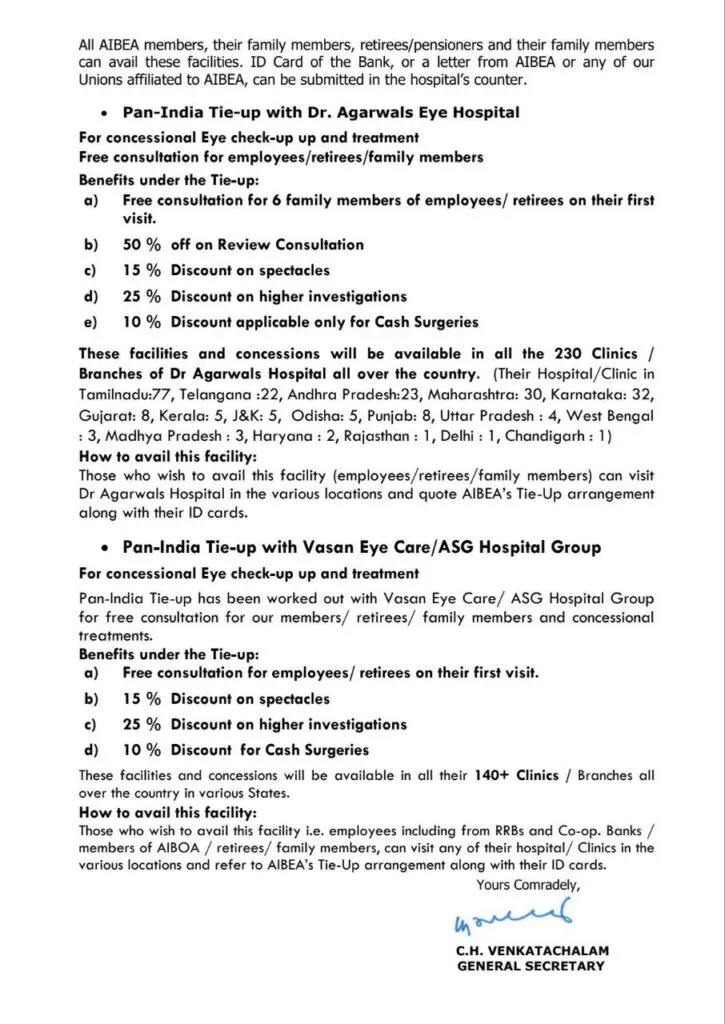 AIBEA enters into Tie-Up with Kauvery Hospital Chennai: Letter from AIBEA Page 3