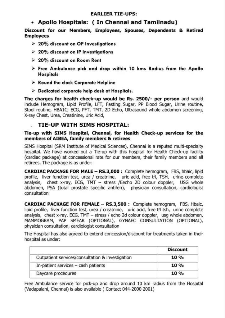 AIBEA enters into Tie-Up with Kauvery Hospital Chennai: Letter from AIBEA Page 2